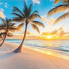 Golden Sunrise on Tropical Beach with Palm Trees