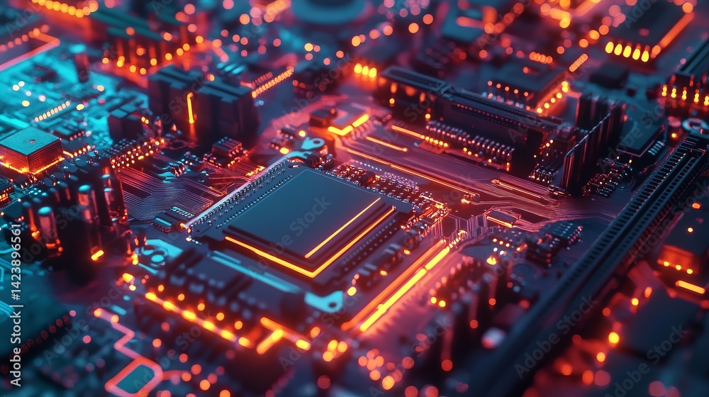 Poster abstract technology background digital circuit board red orange glowing lines electronic components 