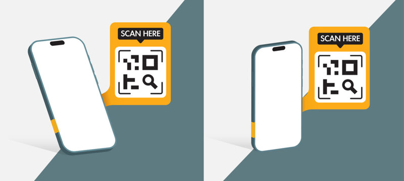 Modern QR Code Scan Label with Smartphone Mockup &ndash; Vector Template for Apps, Flyers, Posters, Banners and Presentations. Vector.