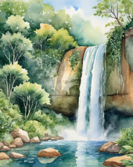 A serene watercolor landscape featuring a cascading waterfall surrounded by lush greenery and tranquil water reflections.