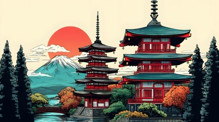 Japanese pagodas and mountain scenery in a stylized illustration.