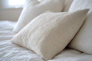 close-up of a textured linen pillow on a white bed (minimal),