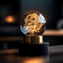 Illuminated Glass Sphere Lamp on Dark Wood Surface