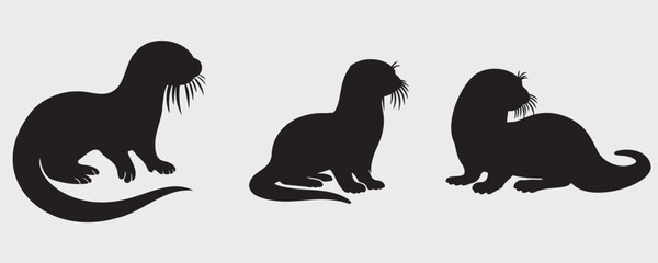 Set of three black otter silhouettes in various sitting poses, isolated on a light background