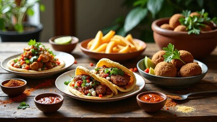 Table with a variety of Mexican food including tacos, fries, and other dishes. The table is set with plates, bowls, and spoons