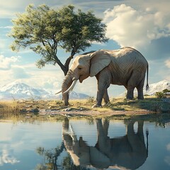 Fototapeta premium Serene Elephant by Water with Mountain View