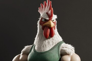 Cartoon rooster, strong, close-up, studio shot, animation, character design