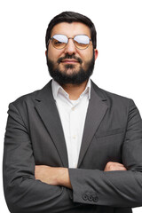 Confident Business Professional With Stylish Sunglasses Poses Against a Clean Backdrop