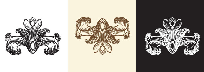 Set of antique style swirl decorative design elements. Vintage damask, baroque filigree wedding scroll floral ornaments. Engraving retro pattern. Vector illustration. For decoration, cards, invitation