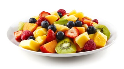 healthy and fresh fruit and vegetable salad on a white plate isolated on white background perfect for light meals, clean eating, and nutritious food visuals