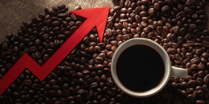 A coffee cup surrounded by coffee beans, with a rising arrow indicating growth or increase in coffee's popularity or value. - Powered by Adobe