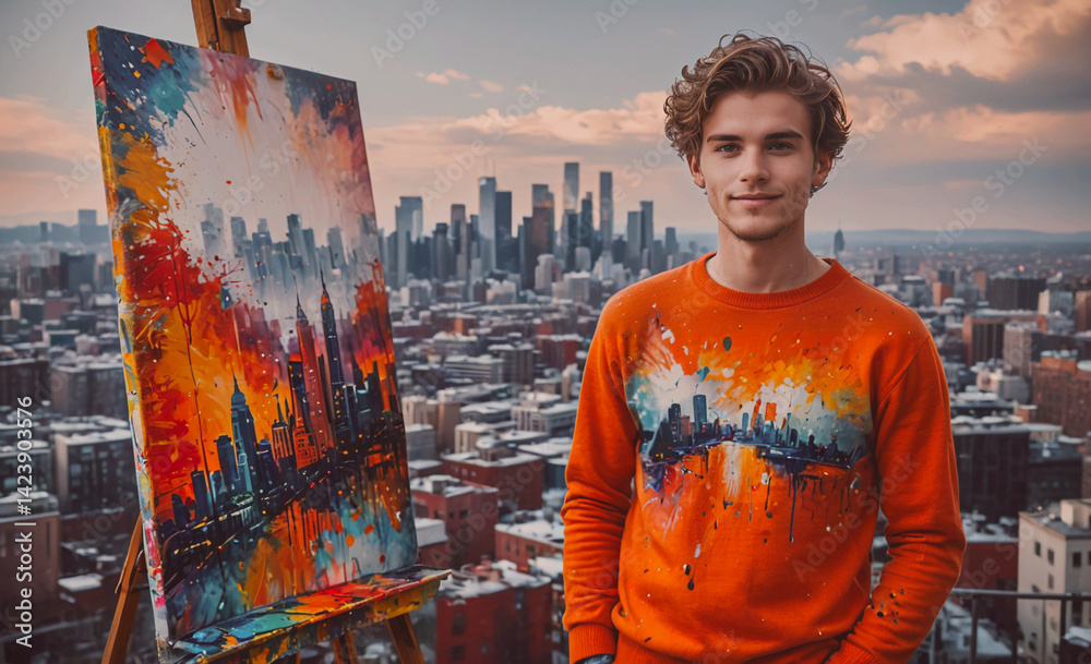 Poster man in an orange sweater stands in front of a painting of a city. the painting is colorful and has a