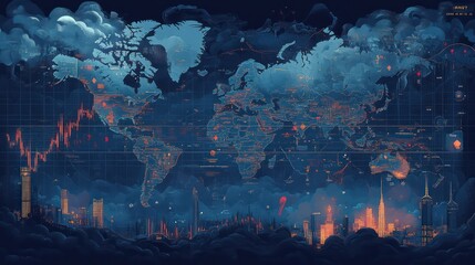 Global city map at night with data overlays.  Possible use  stock photo