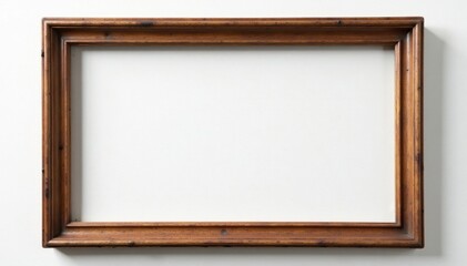 Fototapeta premium Aged wooden picture frame, horizontal orientation, missing canvas Clean white backdrop , mockup, background, gray