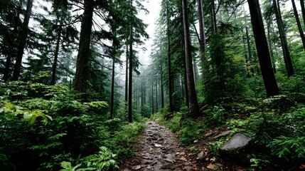 Obraz premium Lush, misty forest path winds through towering trees.