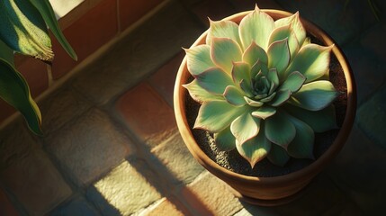 A succulent plant in a pot is bathed in sunlight, its leaves glowing with natural beauty