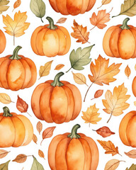 A vibrant watercolor pattern featuring pumpkins and autumn leaves, perfect for fall-themed designs and decorations.