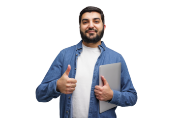 Confident Young Man Gives Thumbs up While Holding a Laptop in a Bright, Welcoming Environment