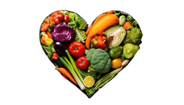 Heart-Shaped Vegetable Arrangement on Chalkboard, Promoting Healthy Eating on White Background