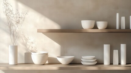A contemporary home setting with beautifully designed ceramics displayed on shelves, each piece exuding elegance and timeless beauty