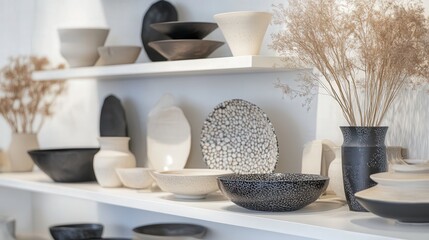 A contemporary home setting with beautifully designed ceramics displayed on shelves, each piece exuding elegance and timeless beauty