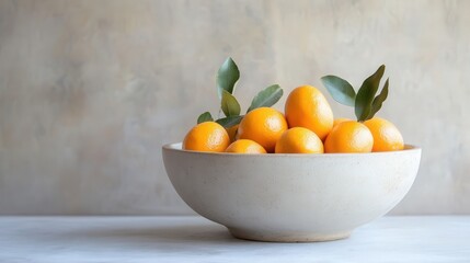 A contemporary setting showcasing fresh kumquats in a sleek, minimalistic bowl, highlighting their vivid orange hues against a neutral background