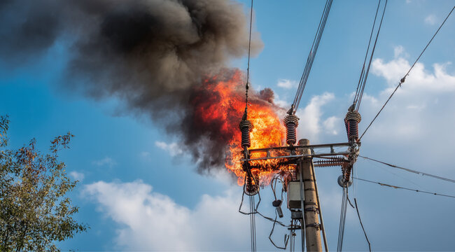 Power transformer on fire on utility pole during electrical malfunction on blue sky