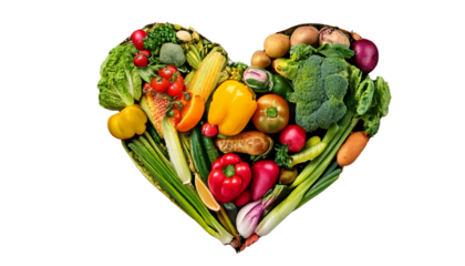 Heart-Shaped Vegetable Arrangement on Chalkboard, Promoting Healthy Eating on White Background
