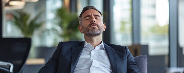 Businessman in a suit takes a break from work, sitting in an office chair with his eyes shut