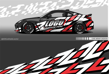 Obraz premium Car Wrap Design Vector with black, red and white colour. Livery decal for racing, rally, drift, or daily use. Template sticker vinyl editable vector