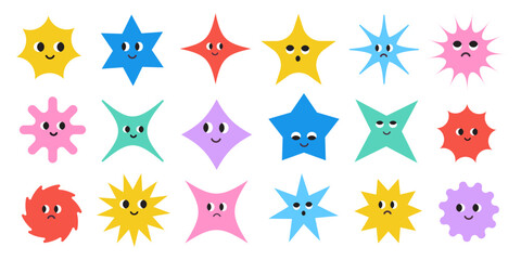 Cute colorful basic star Figures with face emotions. Set of different star shapes. Funny characters. Trendy vector illustration for kids