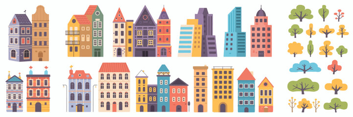 Fototapeta premium Icons set of modern city street buildings, retro shops, apartments, and stores windows in side view for vintage cityscape architecture