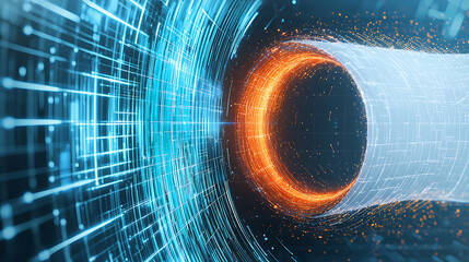 Exploring dynamic data streams through a high-tech portal virtual environment digital artwork futuristic perspective