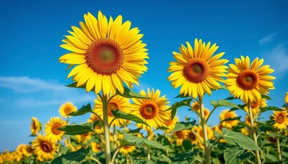 Fototapeta premium Bright Sunflowers in Bloom Against a Clear Blue Sky Landscape