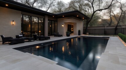 Obraz premium Modern home exterior with pool at dusk. Tranquil backyard oasis with contemporary architecture