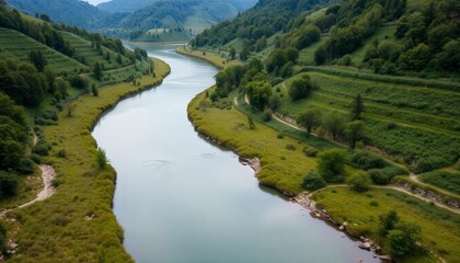 Obraz premium Serene Aerial View of Calm River Flowing Through Lush Green Landscape