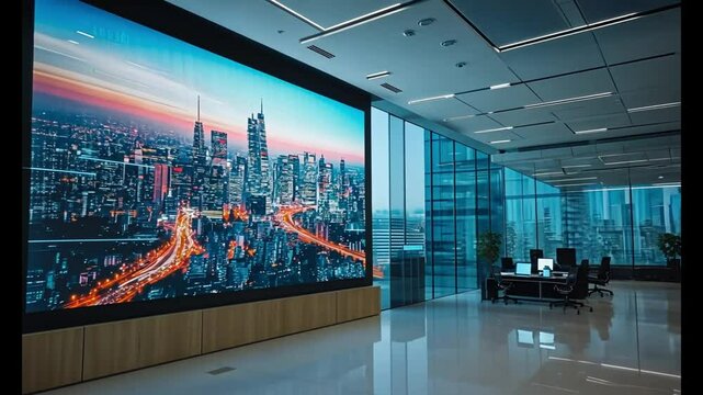 Modern Office with Stunning Cityscape LED Display