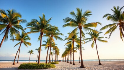 Obraz premium Serene Tropical Beach Pathway with Lush Palm Trees and Clear Sky