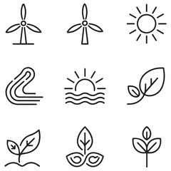 Renewable Energy Line black Icon Set. A dynamic collection of icons showcasing sustainable energy solutions, perfect for environmental projects, educational materials, and green technology