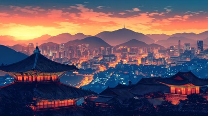Seoul South Korea Poster Illustration Travel Print Decor Gift Paper Canvas Wall Retro Art