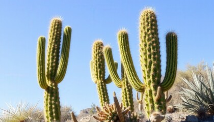 Group of Tall Green Cacti Against a Clear Blue Sky in Desert