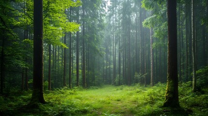 Obraz premium Lush forest pathway bathed in soft, misty light.