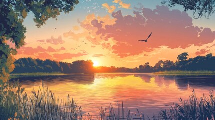 Fototapeta premium Broads National Park Poster Illustration Travel Print Decor Gift Paper Canvas Wall Retro Art