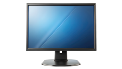 Modern LCD computer monitor with blue screen, stands isolated on white background