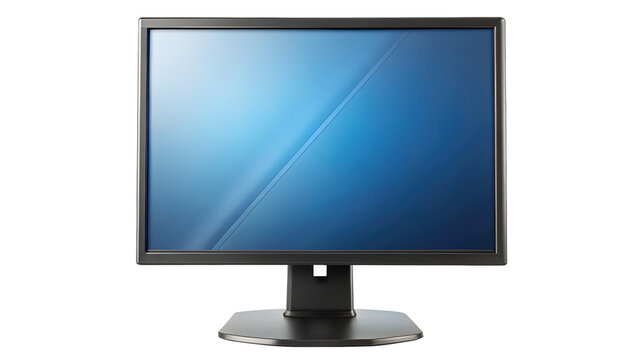 Modern LCD computer monitor with blue screen, stands isolated on white background