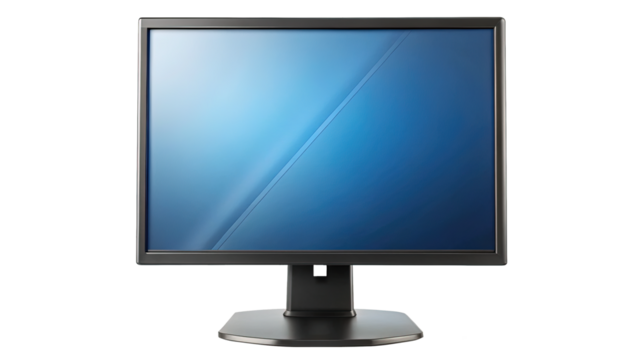Modern LCD computer monitor with blue screen, stands isolated on white background