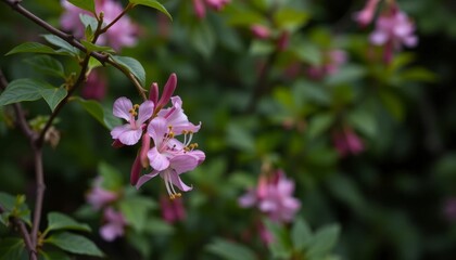 Obraz premium Delicate Pink Flowers Blooming Among Lush Green Foliage in Nature