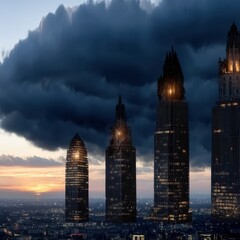 Obraz premium Dramatic Urban Skyline with Clouds and Twilight Colors Overlaying Modern Architecture for Leadership and Business Themes