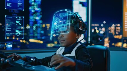 Young boy immersed in augmented reality gaming, wearing high tech headset and headphones, playing with joystick near window overlooking illuminated nighttime cityscape - Powered by Adobe