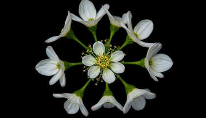Obraz premium Beautiful White Flowers in Symmetrical Arrangement on Black Background
